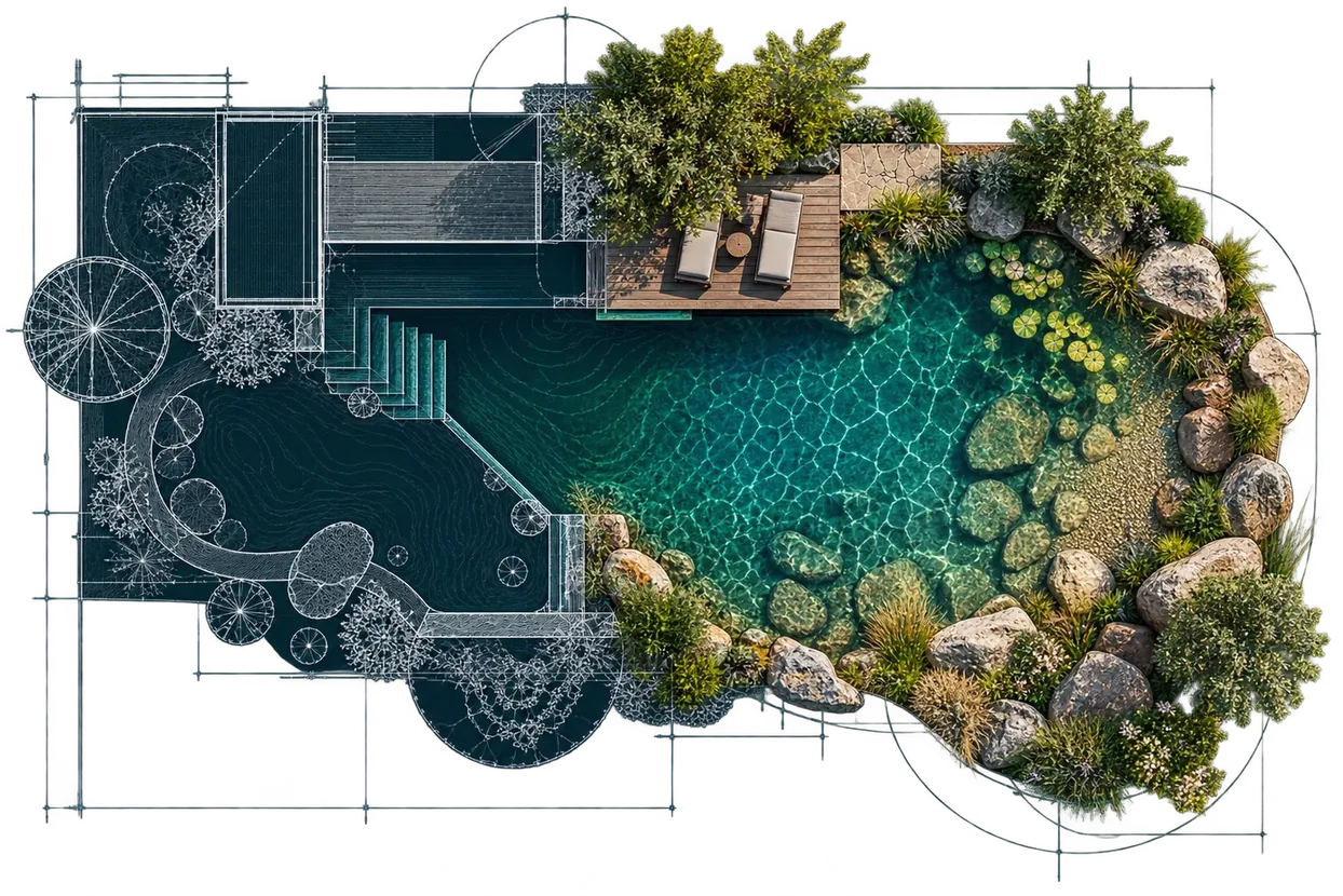 Konceptillustration: en naturpool tar form från en linjeritning till en trädgård med vatten, växter och trädäck.