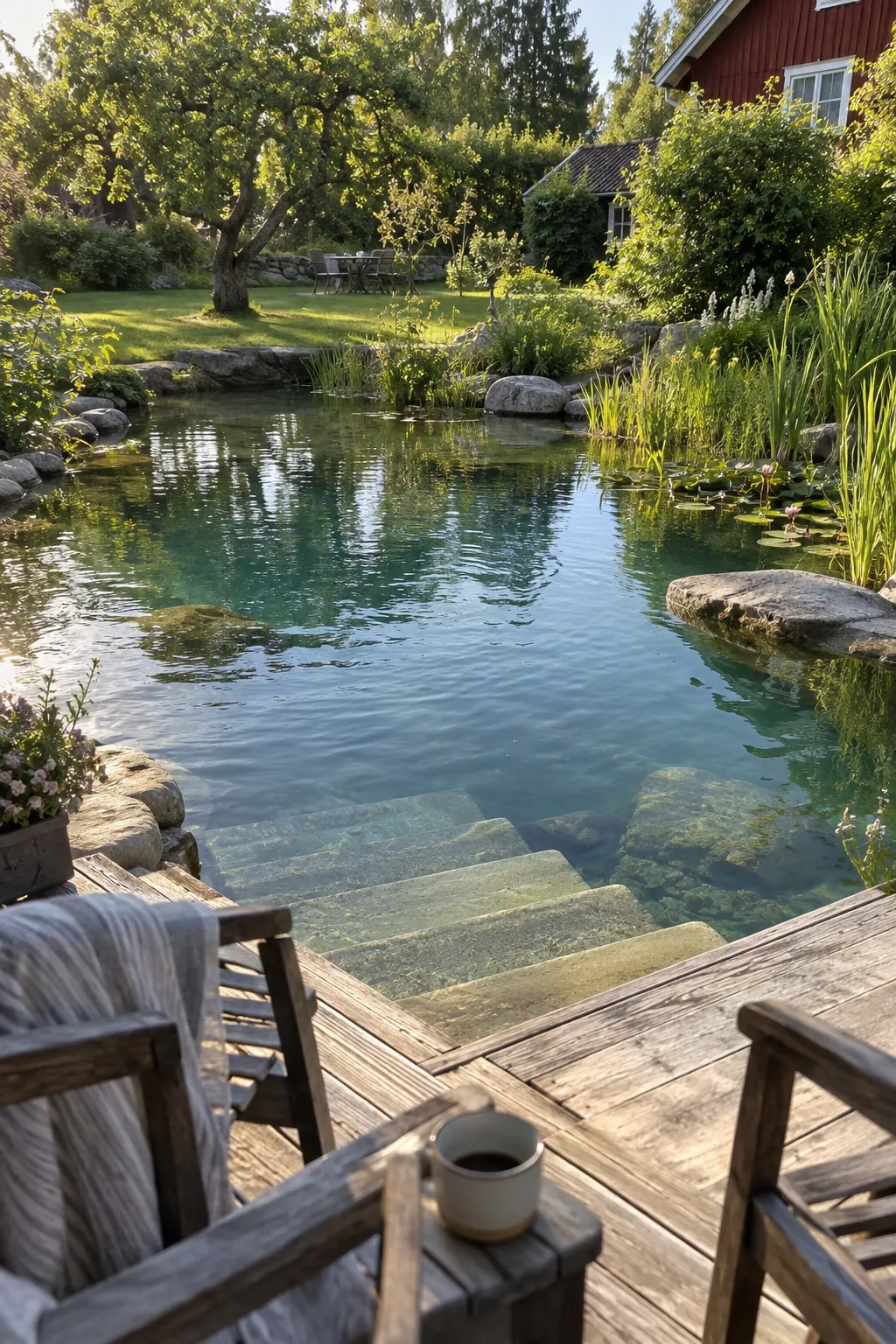 Konceptbild: en naturpool med planterad kant och stentrappa från en träterrass ner i vattnet i en grönskande trädgård.