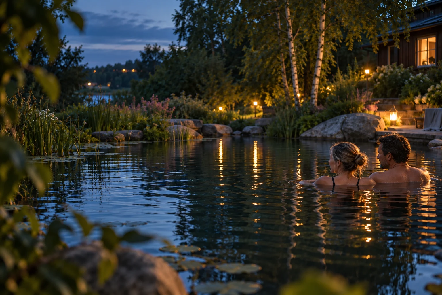 Konceptbild: ett par njuter av en naturpool i skymningen, med varm trädgårdsbelysning.
