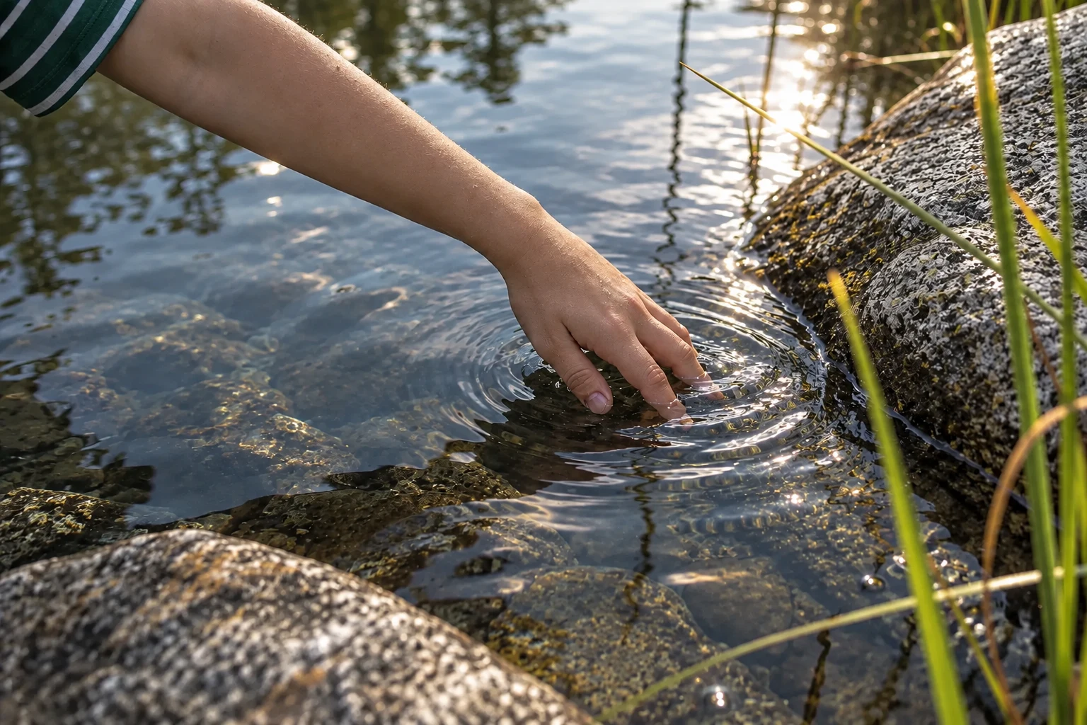Konceptbild: en hand som rör vid vattenytan i en naturpool.