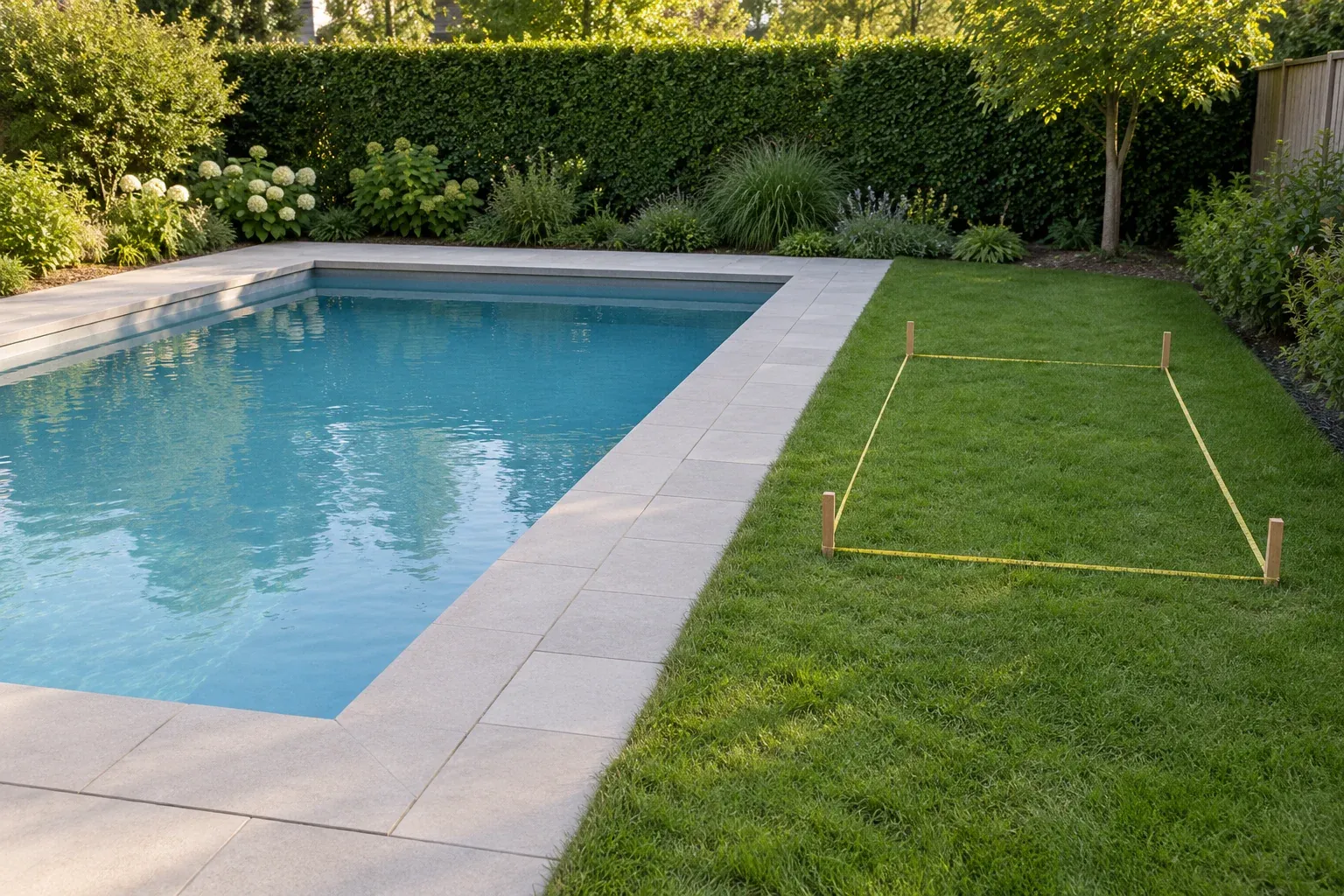 Un’area filtrante proposta segnata sul prato accanto a una piscina esistente.