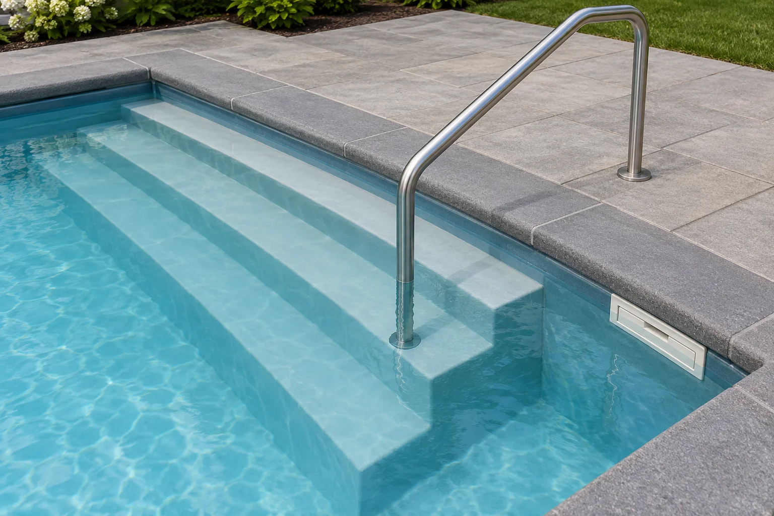 Gradini, corrimano e pavimentazione esistenti accanto all’acqua.