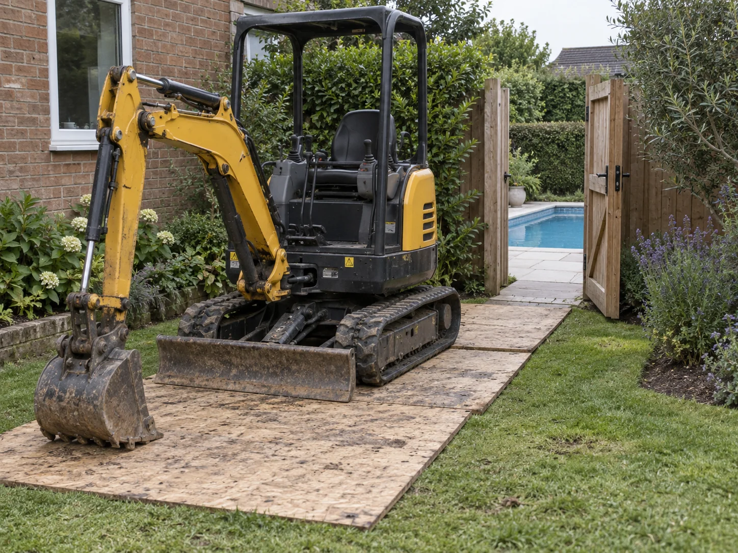 Un escavatore compatto su pannelli di protezione del terreno accanto a un accesso al giardino.